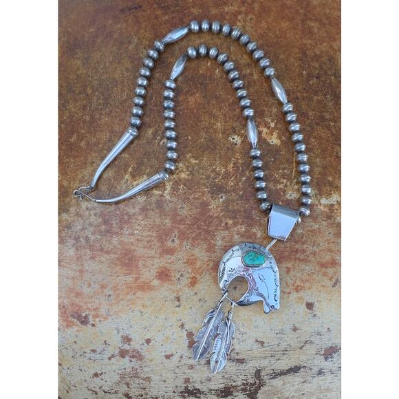 Navajo SS Beaded Necklace with Bear and Feather Pendant by JC Delgarito - Picture 7 of 11